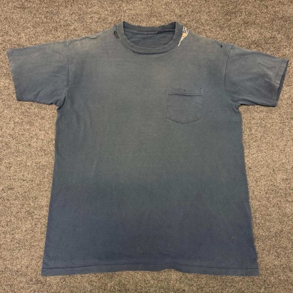 Vintage 80s Blank Pocket T-Shirt Blue Distressed Faded Mens XXL 24x29